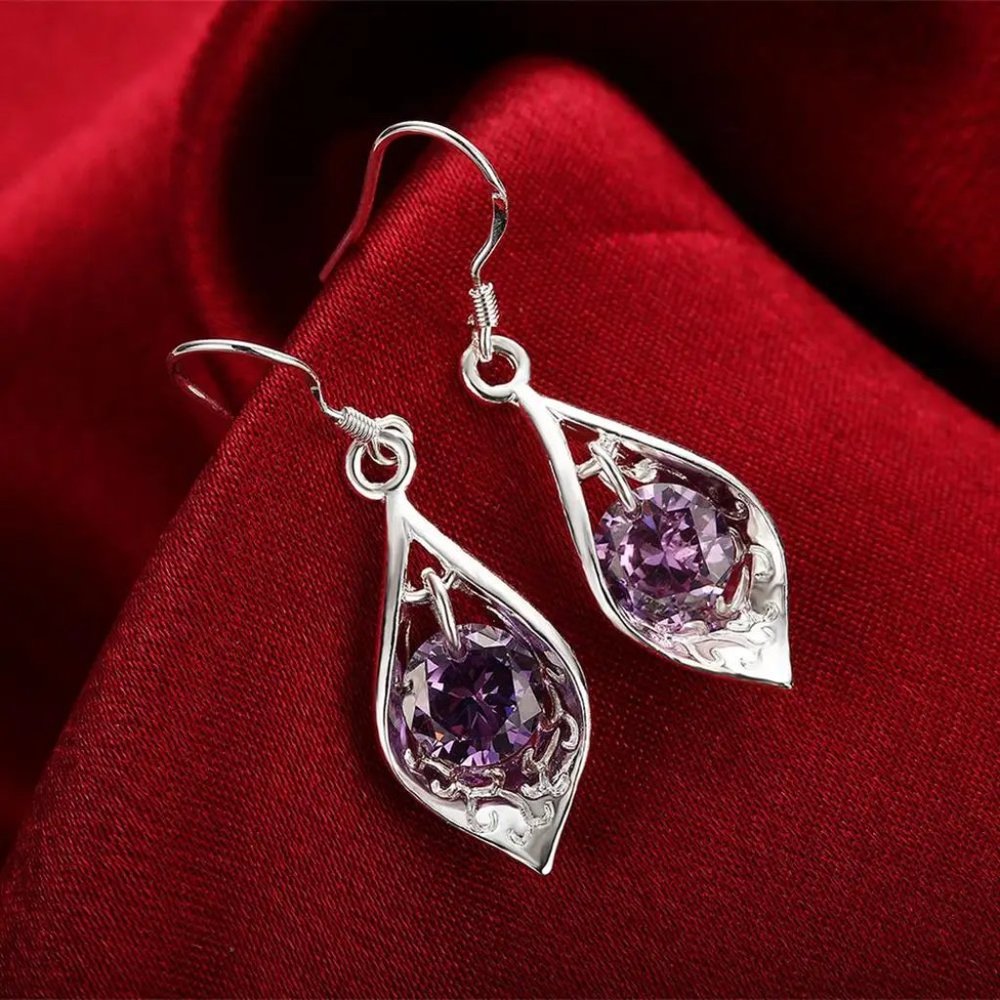 Beautiful .925 Sterling Silver and Garnet Drop Earrings " Hypoallergenic " - Picture 2 of 7